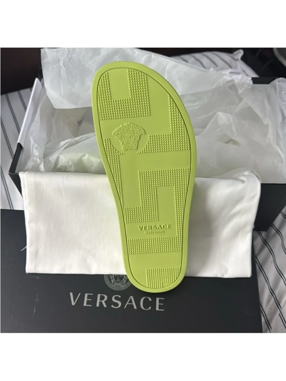 Versace Neon Lime Slide Sandals with Gold Medusa Accents